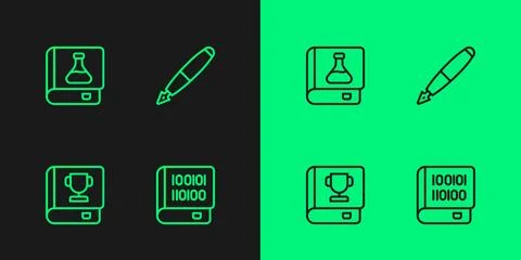 Set line Books about programming, Chemistry book and Fountain pen nib icon 库存插图