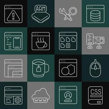 Set line Books about programming, Computer mouse, monitor screen, Debugging 스톡 일러스트