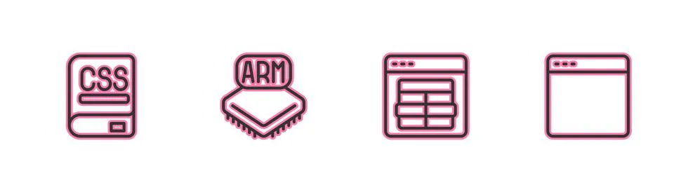 Set line Books about programming, MySQL code, Processor and Browser window icon Illustrazione stock