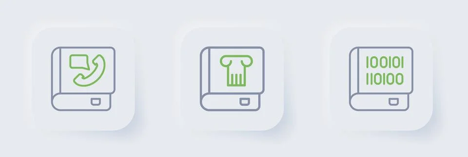 Set line Books about programming, History book and Phone icon. Vector Stockillustratie