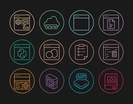 Set line Books about programming, Software, Browser window, Python language.. Illustration