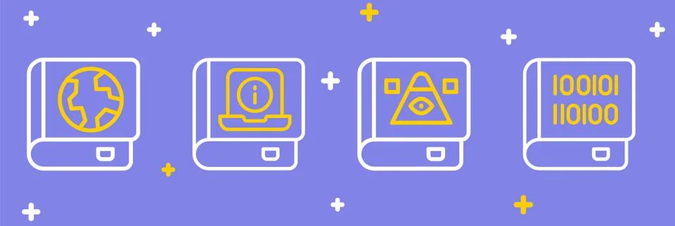 Set line Books about programming, Ancient magic book, User manual and Earth.. Illustrazione stock