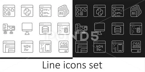 Set line Books about programming, Software, Browser files, Computer monitor.. 스톡 일러스트