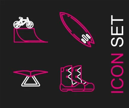 Set line Boots, Hang glider, Surfboard and Bicycle on street ramp icon. Vecto Illustrazione stock