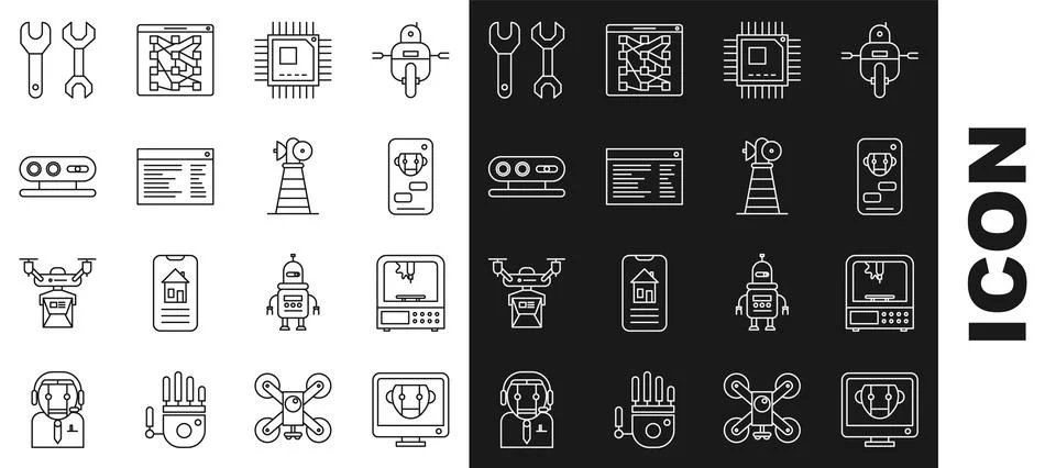 Set line Bot, 3D printer, Processor with microcircuits CPU, Software, web Ilustração Stock