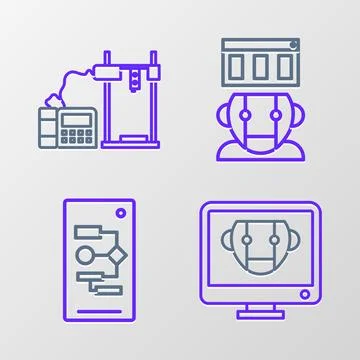 Set line Bot, Algorithm, Robot and 3D printer icon. Vector Stock Illustration