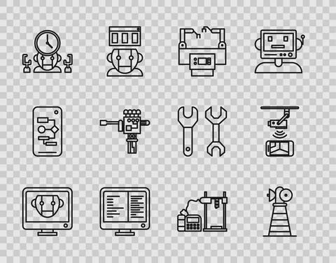 Set line Bot, Antenna, Assembly line, Computer monitor screen, Robot and digital Stock Illustration