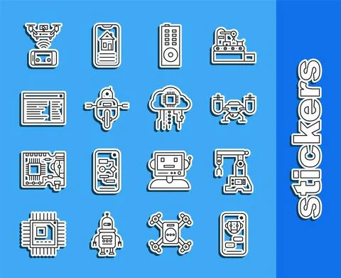 Set line Bot, Assembly line, Drone flying with action camera, Remote control 스톡 일러스트