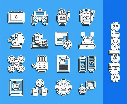 Set line Bot, Battery, Robotic robot arm on factory, humanoid driving car, for Stock Illustration