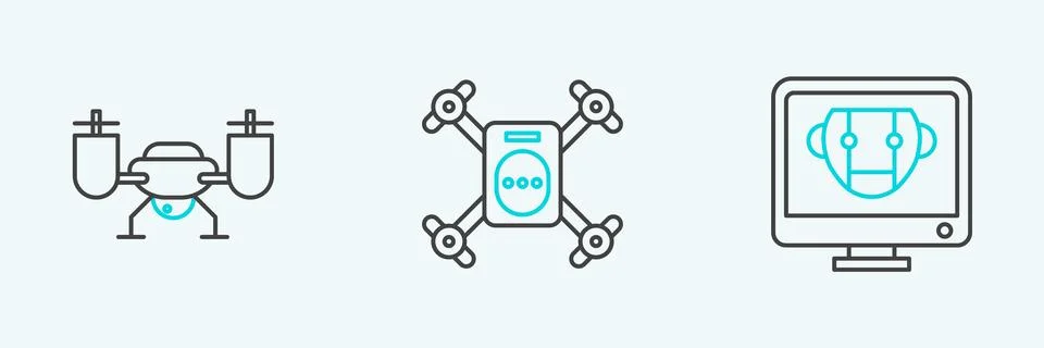 Set line Bot, Drone flying with action camera and  icon. Vector Stock Illustration