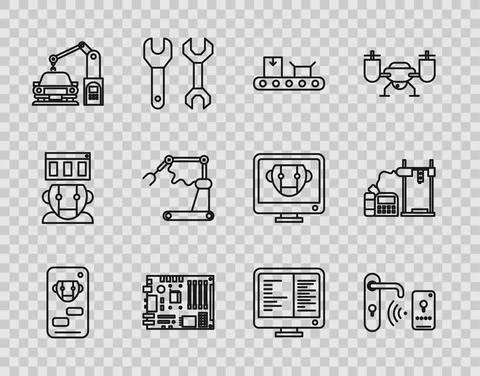 Set line Bot, Electronic computer components motherboard digital chip Stock Illustration