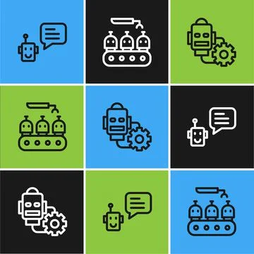 Set line Bot, Robot setting and Industrial production of robots icon. Vector Stock Illustration