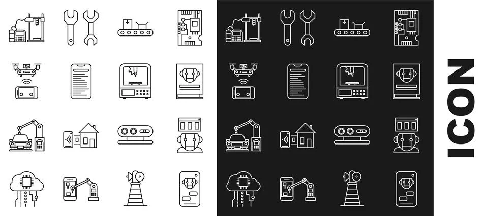 Set line Bot, Robot, User manual, Conveyor belt with cardboard box, Computer api Stock Illustration