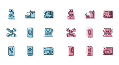 Set line Bot, Smart home, Robot doctor, Printed circuit board PCB, Algorithm, 库存插图