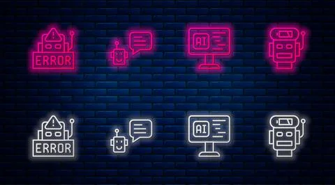 Set line Bot, Software, Error in robot and Robot low battery charge. Glowing Stock Illustration