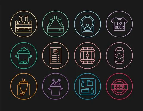Set line Bottle cap with beer, Beer can, Wooden barrel on rack, menu, Ice bucket Stock-Illustration