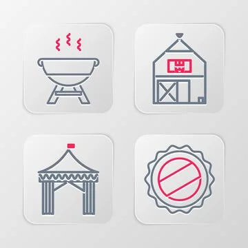 Set line Bottle cap, Camping tent, Farm House and Barbecue grill icon. Vector Ilustración de archivo