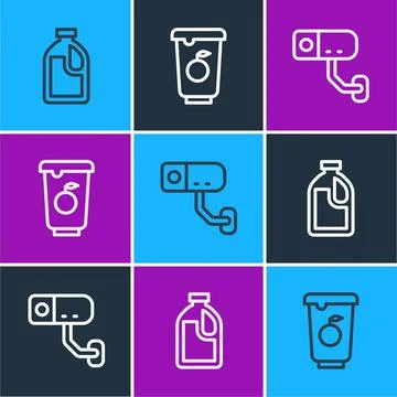 Set line Bottle for cleaning agent, Security camera and Yogurt container icon Stock Illustration