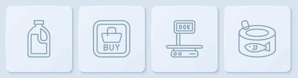 Set line Bottle for cleaning agent, Electronic scales, Buy button and Canned Stock Illustration