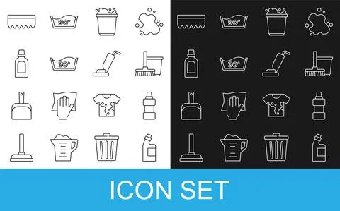 Set line Bottle for cleaning agent, Mop and bucket, Bucket with foam Stock-Illustration