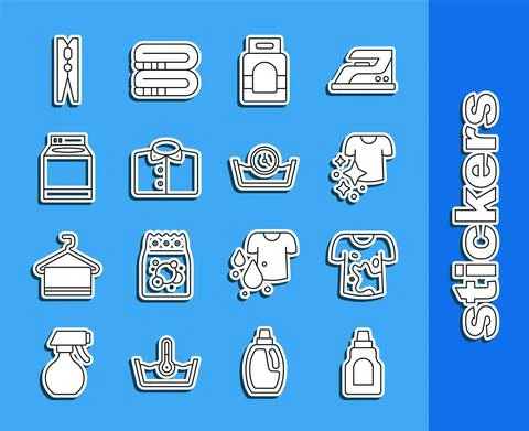 Set line Bottle for cleaning agent, Dirty t-shirt, Drying clothes, Laundry Stock Illustration