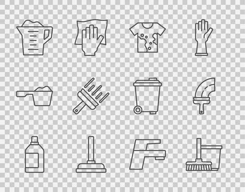 Set line Bottle for cleaning agent, Mop and bucket, Dirty t-shirt, Rubber Stock-Illustration