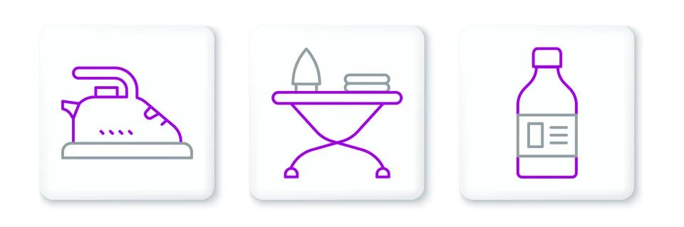 Set line Bottle for cleaning agent, Electric iron and Iron and ironing board Stock Illustration