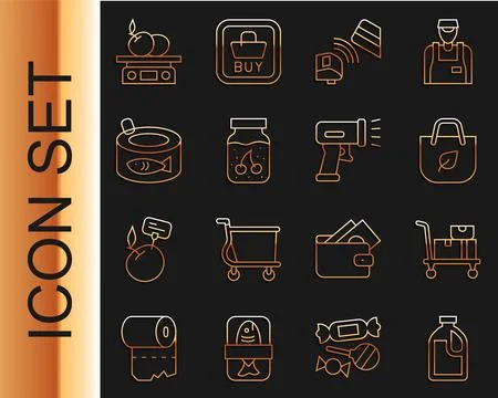Set line Bottle for cleaning agent, Shopping bag with recycle, POS terminal c Stock Illustration