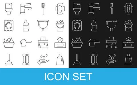 Set line Bottle for cleaning agent, Wet wipe pack, Bucket with soap suds, Too Stock Illustration