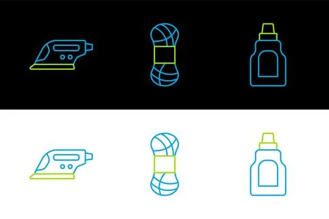 Set line Bottle for cleaning agent, Electric iron and Yarn icon. Vector Stock Illustration