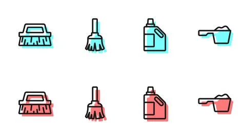 Set line Bottle for cleaning agent, Brush, Feather broom and Washing powder icon Stock Illustration