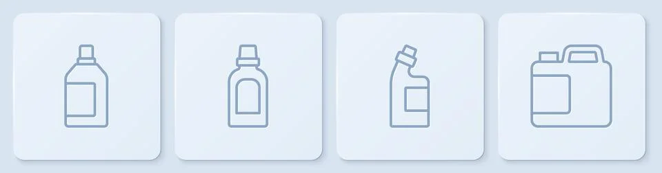 Set line Bottle for cleaning agent, , and . White square button. Vector Stock Illustration