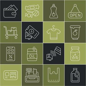 Set line Bottle for cleaning agent, Jam jar, Yogurt container, Sauce bottle.. Stock Illustration