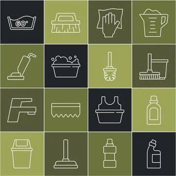 Set line Bottle for cleaning agent, Mop and bucket, Cleaning service, Basin.. Stock-Illustration
