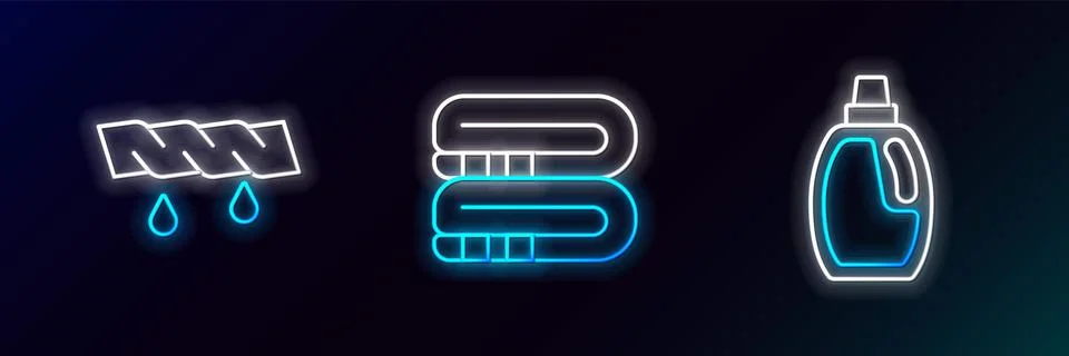 Set line Bottle for cleaning agent Squeeze clothes and Towel stack icon. Glow 库存插图