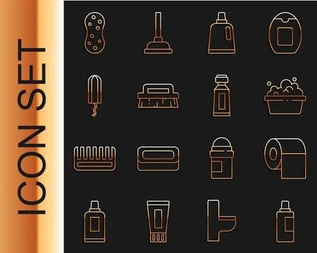 Set line Bottle for cleaning agent, Toilet paper roll, Basin with soap suds.. Illustration