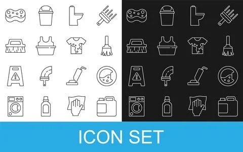 Set line Bottle for cleaning agent, Washer, Feather broom, Toilet bowl, Bas.. Illustrazione stock