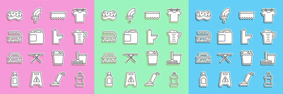 Set line Bottle for cleaning agent, Mop and bucket, Washing powder, Sponge,.. Stock-Illustration