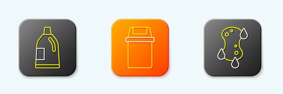 Set line Bottle for cleaning agent, Trash can and Sponge icon. Vector Stock Illustration