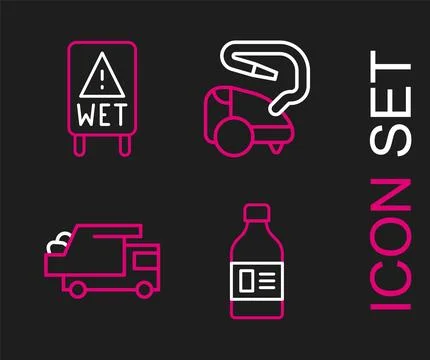 Set line Bottle for cleaning agent, Garbage truck, Vacuum cleaner and Wet f.. 库存插图