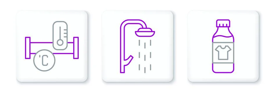 Set line Bottle for cleaning agent, Industry metallic pipe and Shower icon... Stock Illustration