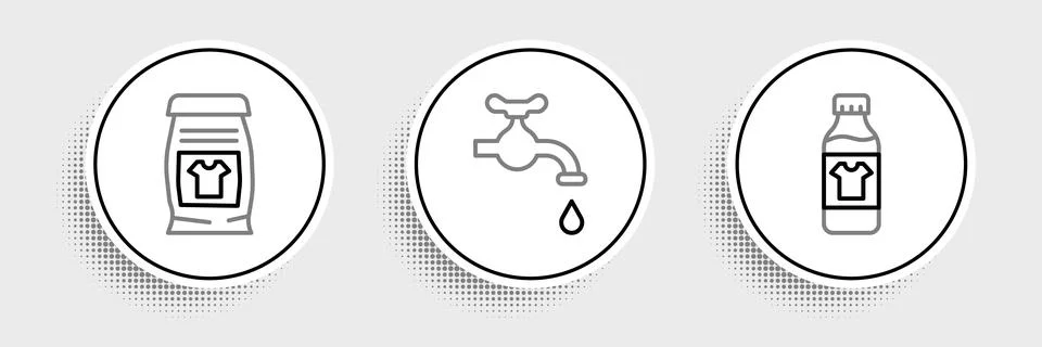 Set line Bottle for cleaning agent, Laundry detergent and Water tap icon. V.. Stock Illustration