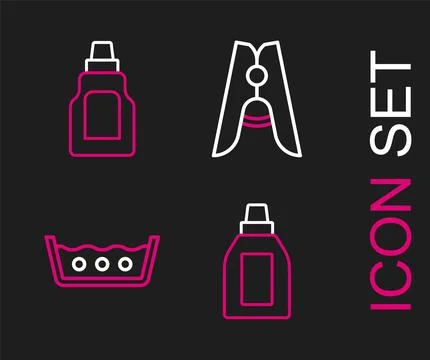 Set line Bottle for cleaning agent, Temperature wash, Clothes pin and  icon.. Stock Illustration