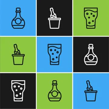 Set line Bottle of cognac or brandy, Glass beer and Champagne in ice bucket icon Stock-Illustration