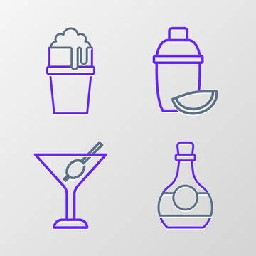 Set line Bottle of cognac or brandy, Martini glass, Cocktail shaker with li.. Stock Illustration