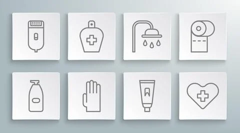 Set line Bottle of liquid antibacterial soap, Rubber gloves, Tube toothpaste Stock Illustration