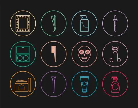 Set line Bottle of liquid soap, Eyelash curler, Cream cosmetic tube, Hairbrush Stock Illustration