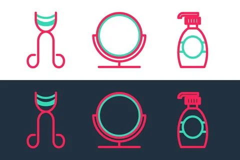 Set line Bottle of liquid soap, Eyelash curler and Round makeup mirror icon.. Stock Illustration