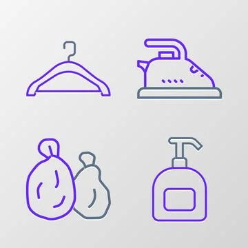 Set line Bottle of liquid soap, Garbage bag, Electric iron and Hanger wardr.. Stock Illustration