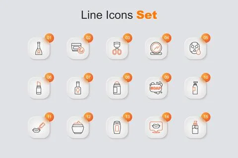 Set line Bottle of liquid soap, Smiling lips, shampoo, Cream or lotion cosm.. Stock Illustration